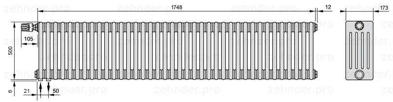 Схема (чертеж) Радиатор Zehnder Charleston 5050/38 №V001 Белый глянцевый RAL 9016